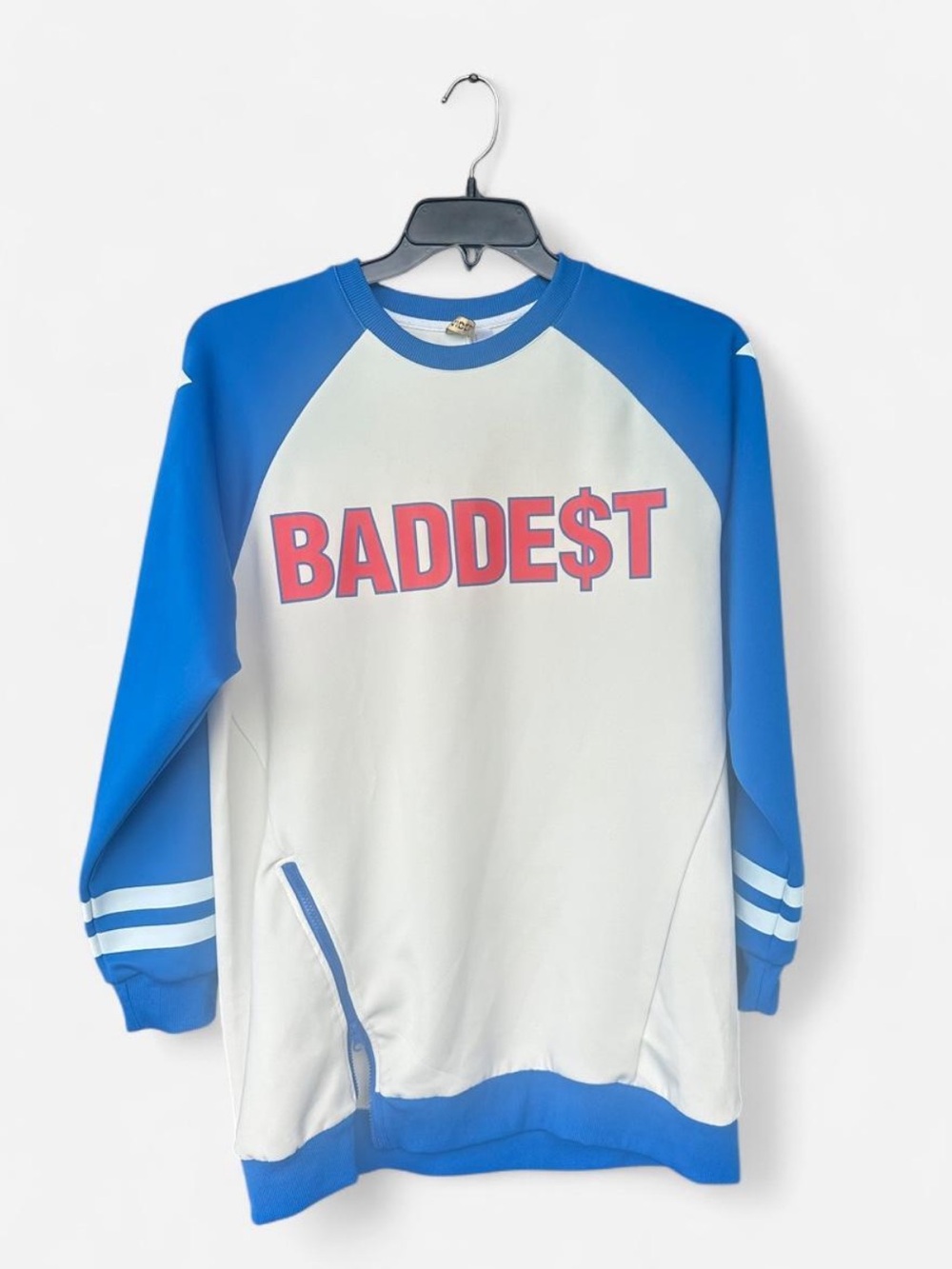 Baddest Raglan Sweatshirt dress in White & Royal Blue